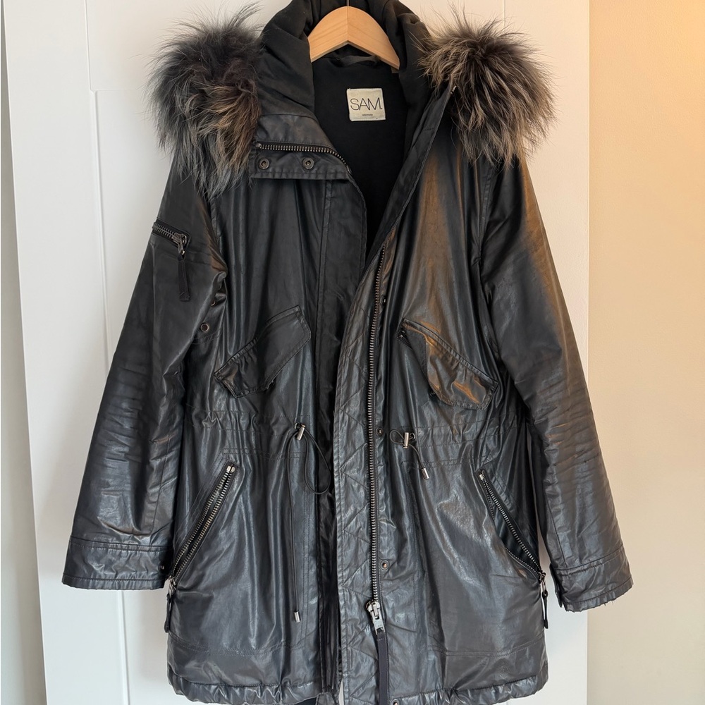 SAM NY Women's Black Parka with Fur Trim Size S
